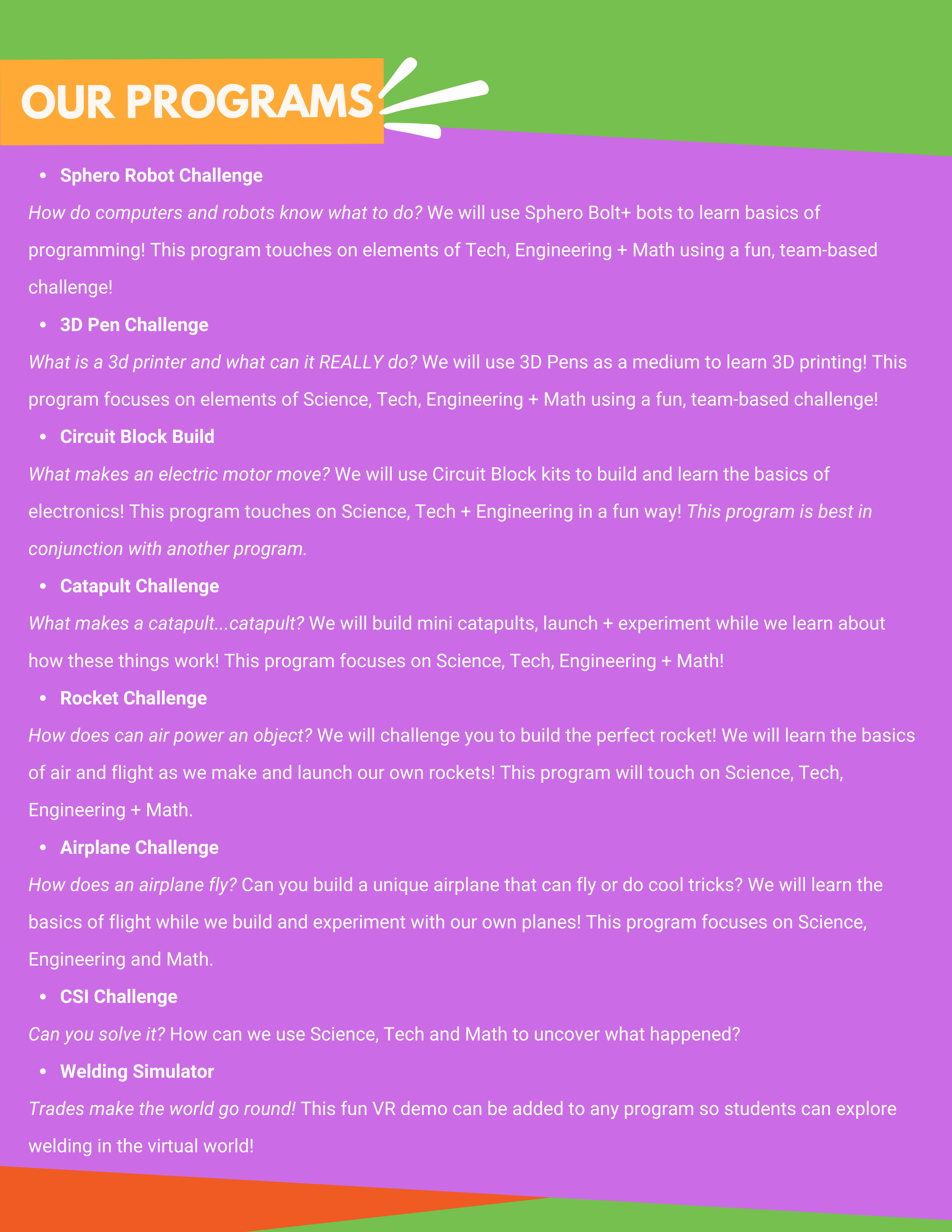 A colorful poster promoting various science, tech, engineering, and math programs, including Sphero Robot Challenge, 3D Pen Challenge, Circuit Block Build, Catapult Challenge, Rocket Challenge, Airplane Challenge, CSI Challenge, and Welding Simulator.