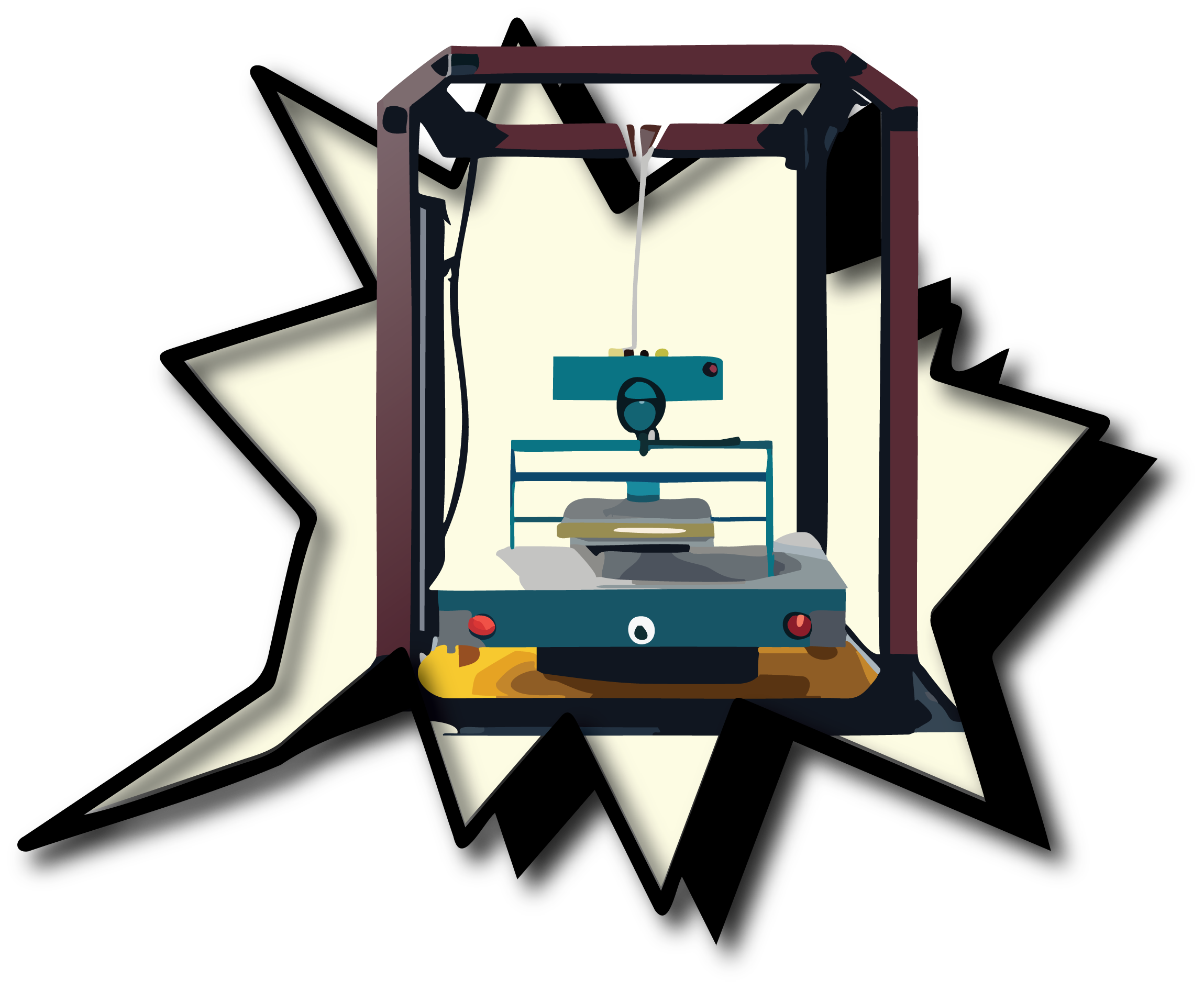 A robotic 3D printer creating an object within a frame, with the background abstracted in black and white with starburst effect.