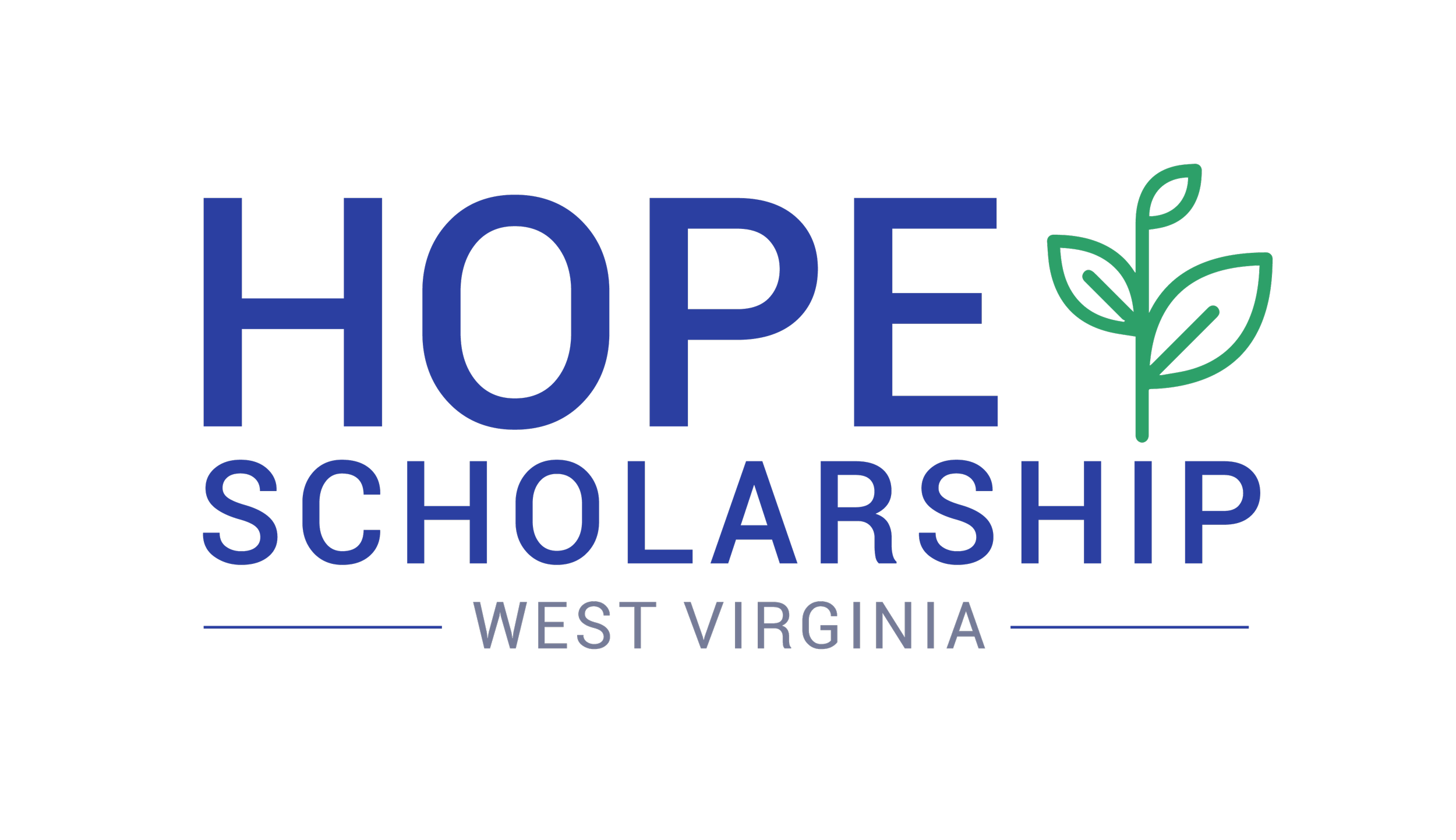 Logo for Hope West Virginia Scholarship featuring the words "Hope Scholarship" in large blue text with a green leaf illustration and "West Virginia" beneath.