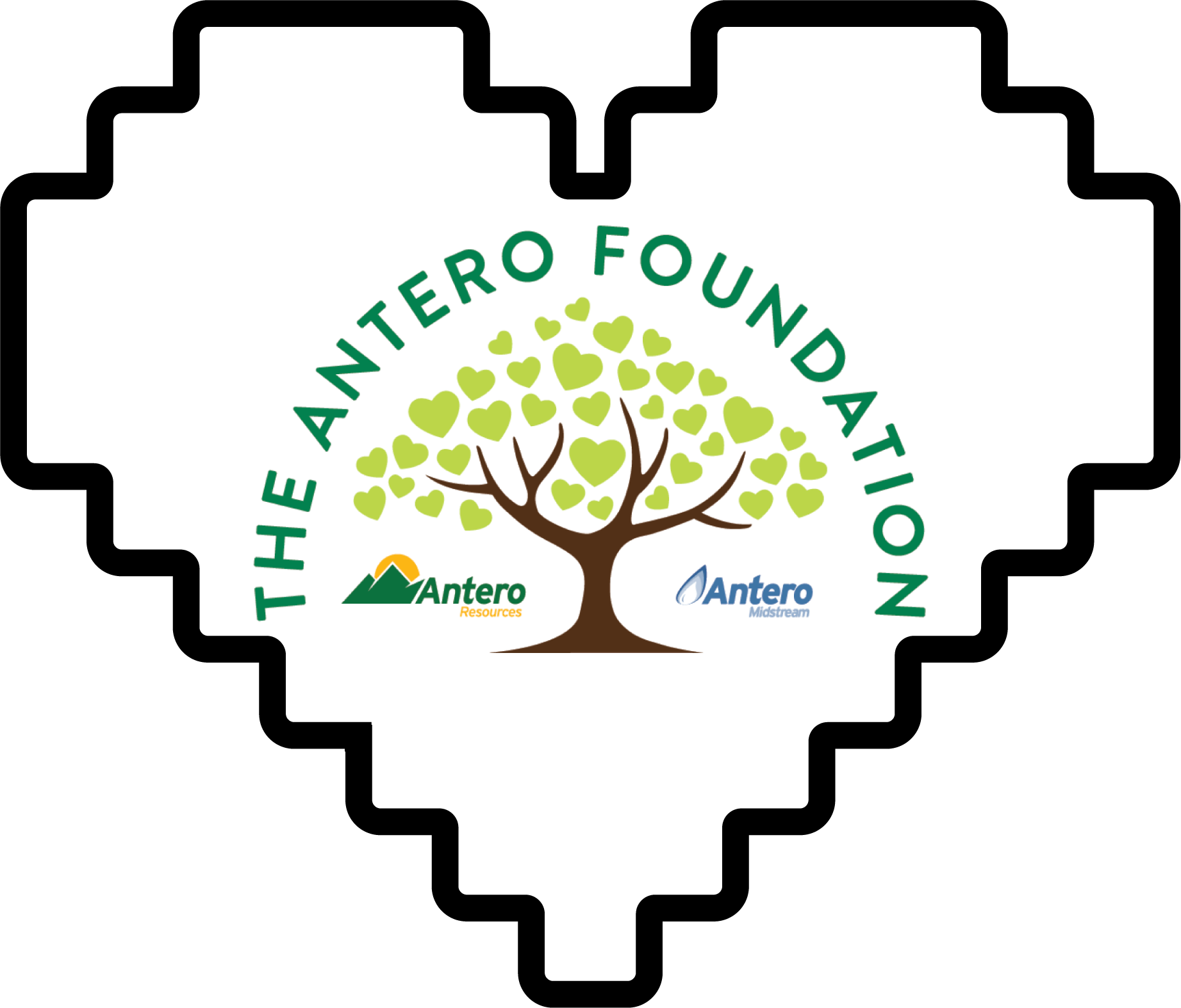Logo of the Antero Foundation featuring a tree with green heart-shaped leaves and the text 'The Antero Foundation' encircling it. Two smaller logos below: Antero Resources and Antero Midstream.