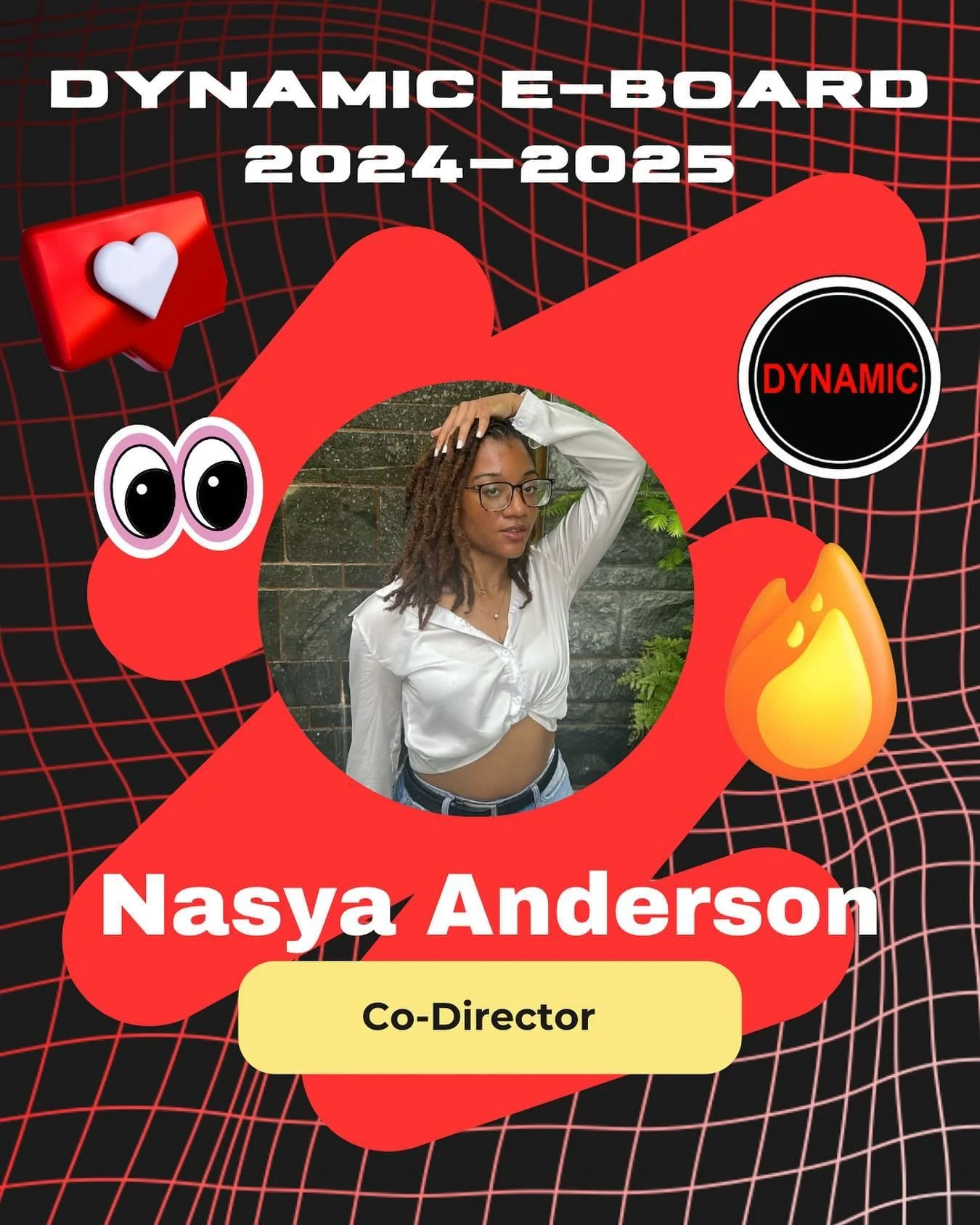 Meet the powerhouse E-board leading Dynamic Dance into the future for the 2024-2025 school year! 💫 

Name: Nasya Anderson 
Class: Senior 
Position: Co-Director 
Fun fact: I can easily back into any parking spot. Pulling in is a struggle.