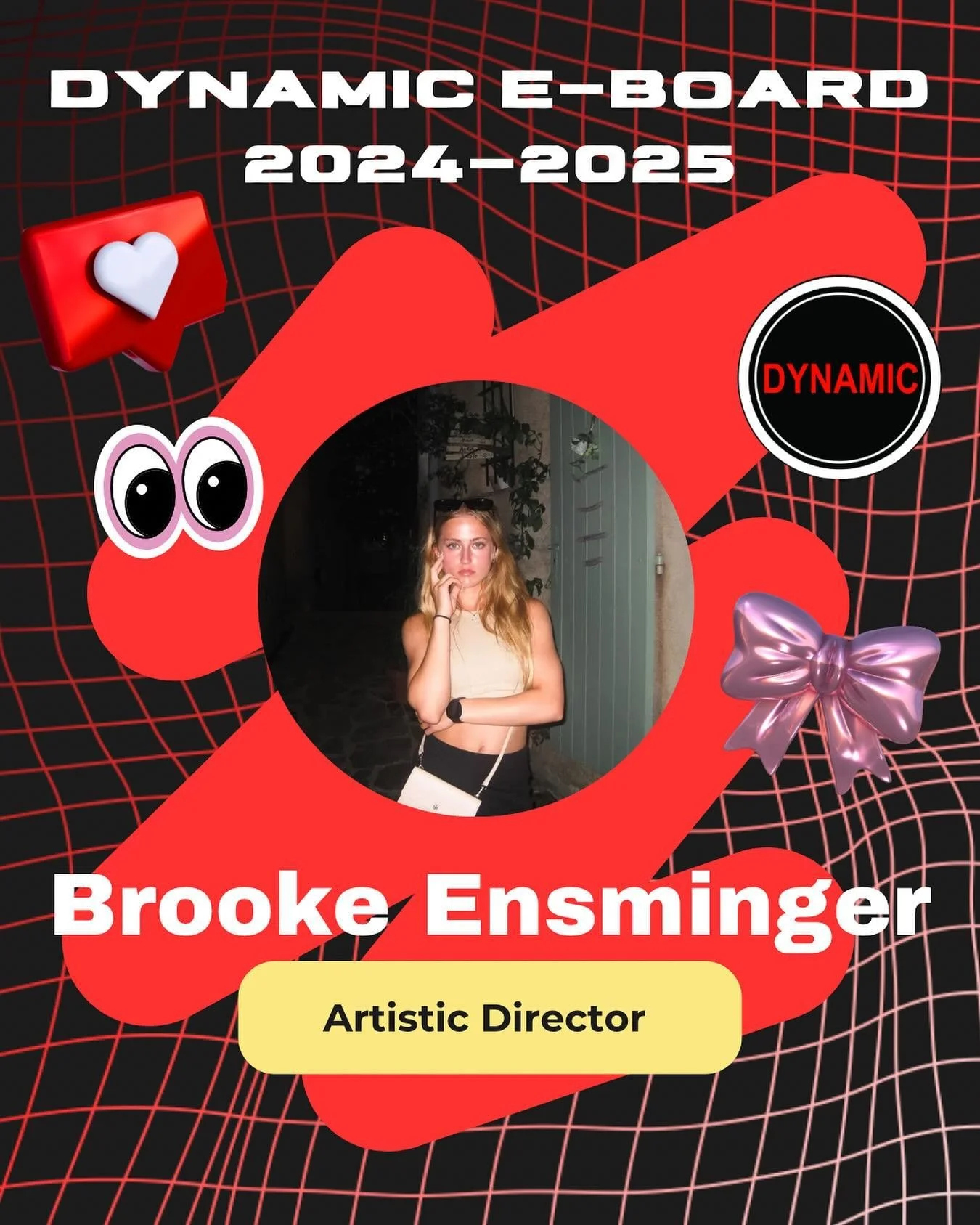 Meet the powerhouse E-board leading Dynamic Dance into the future for the 2024-2025 school year! 💫 

Name: Brookee
Year: Sophomore
Position: Artistic Director
Fun Fact: I modeled for Hair Cuttery and then went to Dynamic practice right after