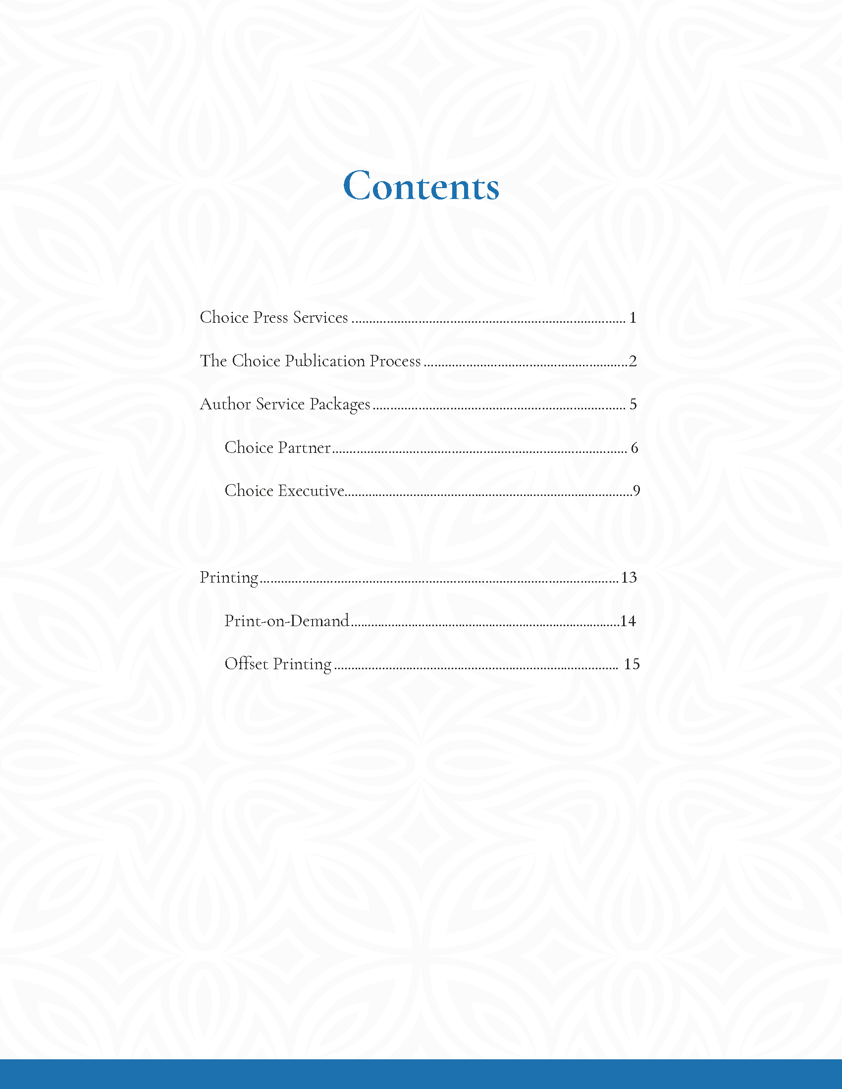 Table of contents page with sections including Choice Press Services, The Choice Publication Process, Author Service Packages, and Printing options.