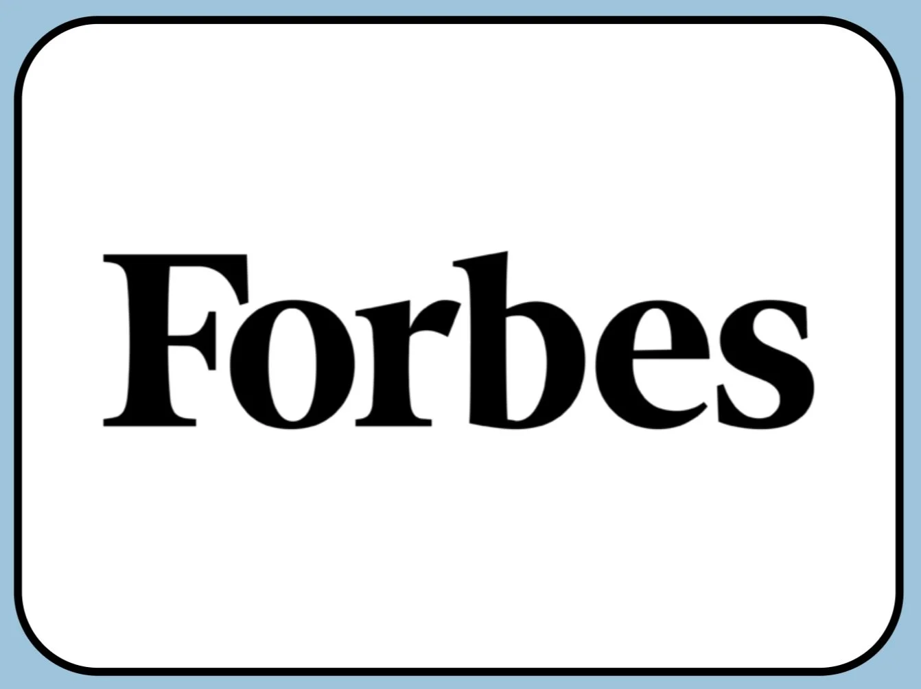 Forbes logo with black text on a white background and rounded black border, blue background.