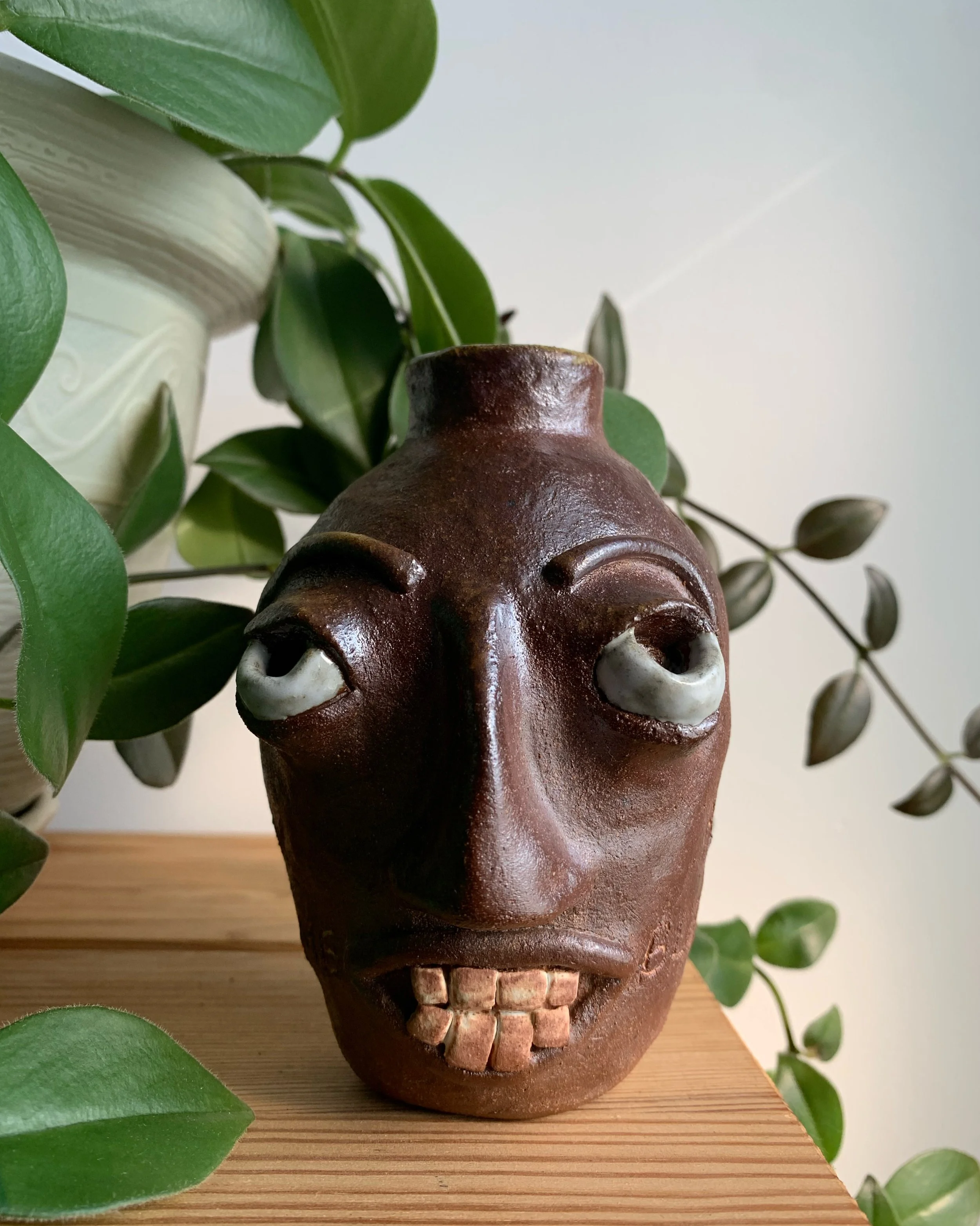 Facejug #4, stoneware, smoke firing, 2024.