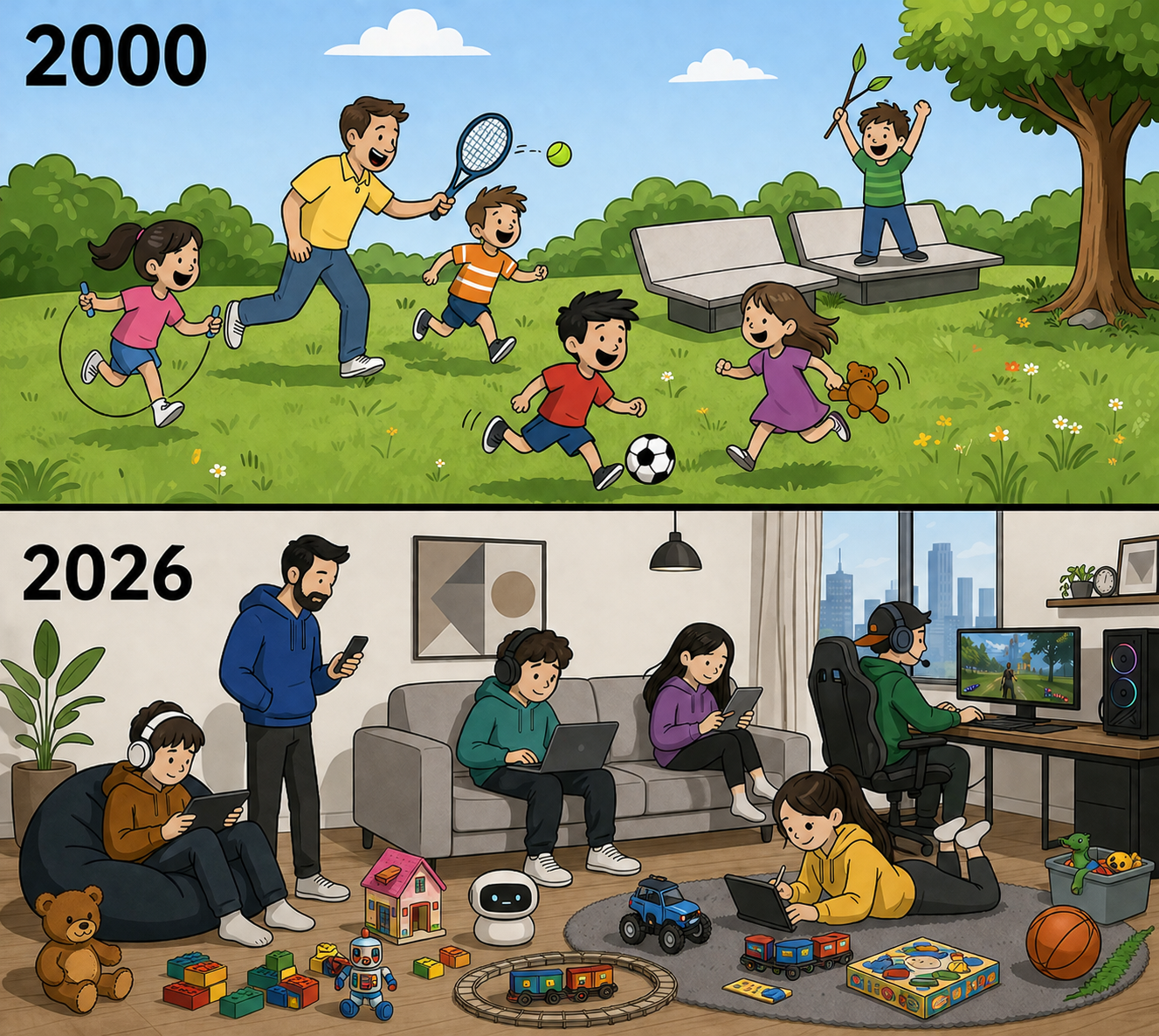 Then vs Now"—children once resisted leaving the tennis court, while today they resist leaving their smartphones to play tennis outdoors.