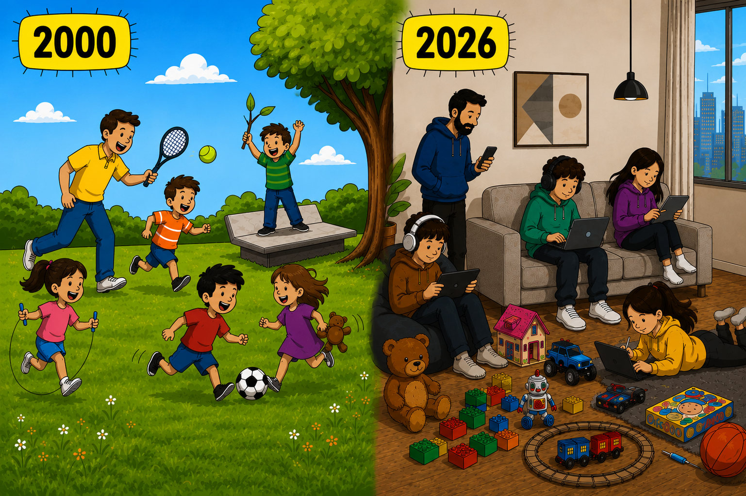 "Illustration comparing childhood in 2000 and 2026, showing outdoor play versus indoor screen time."