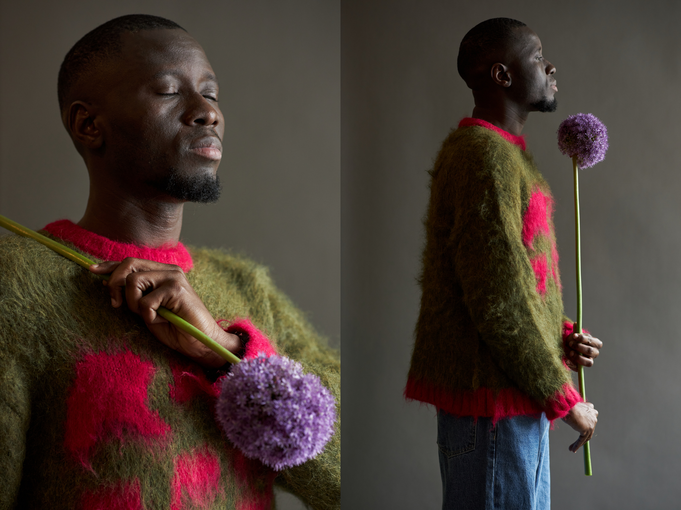 Man Holding Purple Flowers