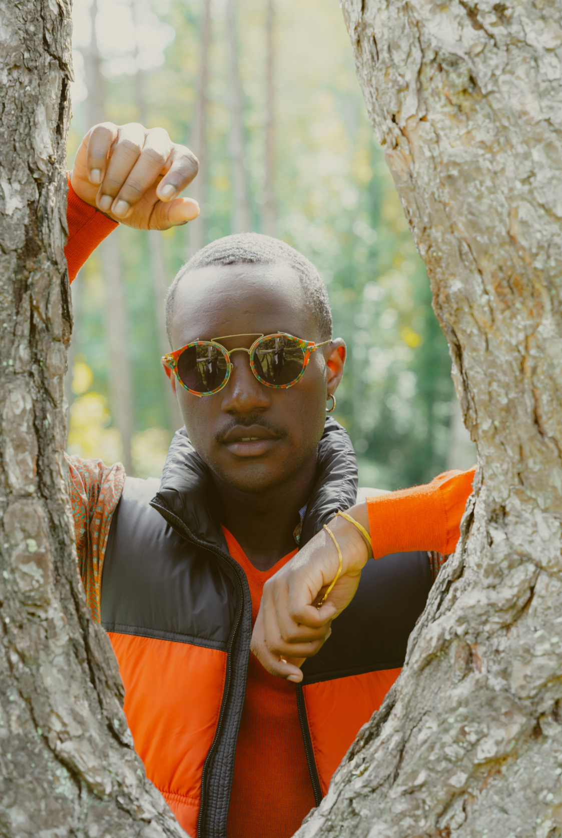 Young man with short, light hair wearing sunglasses, orange long sleeve, and a black and orange vest, looking through a tree trunk opening in a forest.