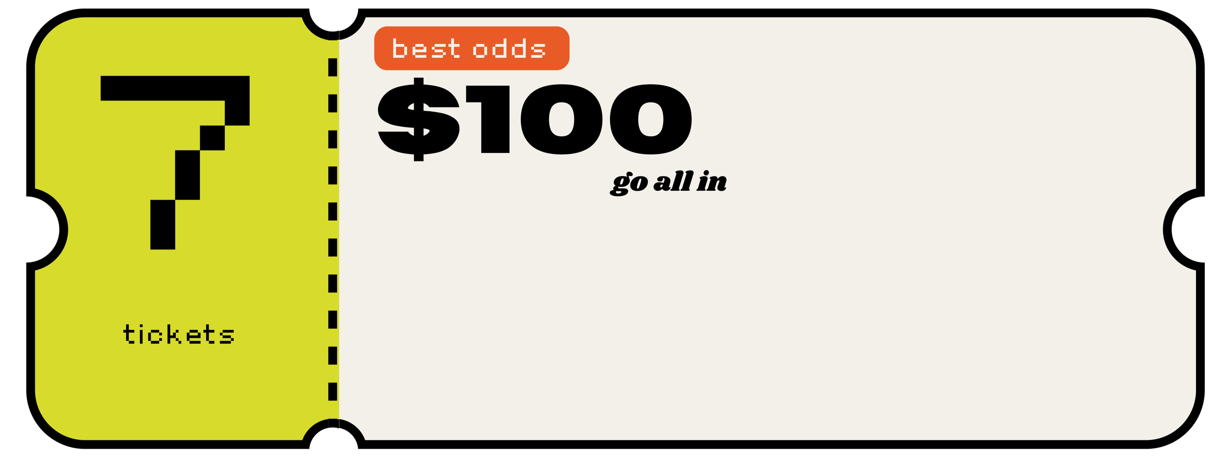 image of a ticket saying: best odds 7 tickets $100 go all in