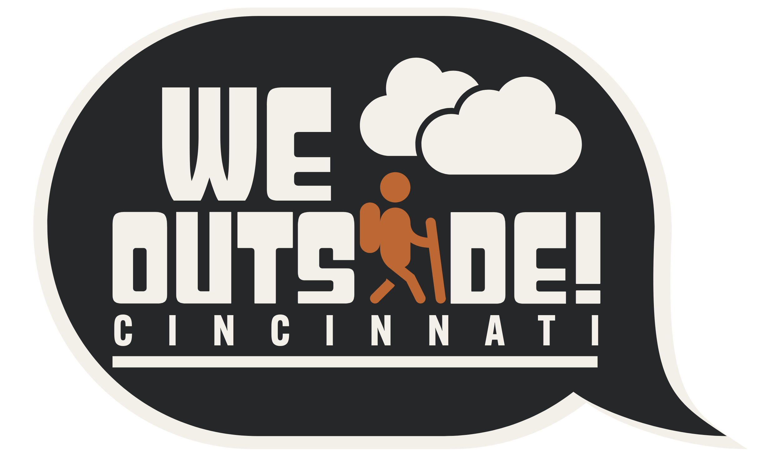 the we outside logo : A speech bubble graphic with the words 'WE OUTSIDE! CINCINNATI' and a walking figure with a backpack against a black background, with clouds at the top.