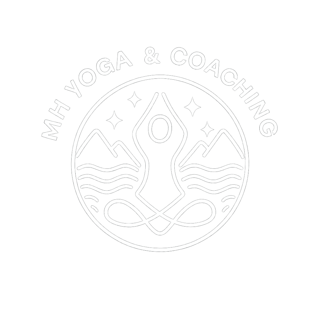 MH Yoga & Coaching main logo with text and person reaching high from the seated position with a mountain view back drop.