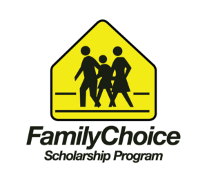 Logo for the Family Choice Scholarship Program featuring a yellow pedestrian crossing sign with silhouettes of two adults and two children walking, and text underneath reading 'Family Choice Scholarship Program'.