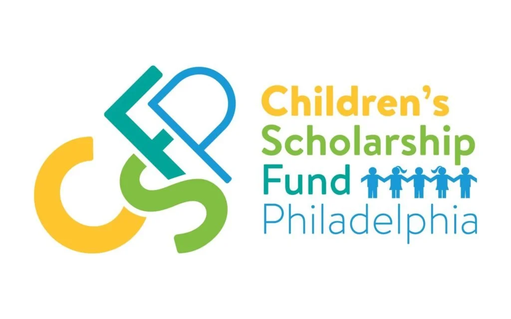 Logo for Children's Scholarship Fund Philadelphia with colorful letters and four children holding hands.