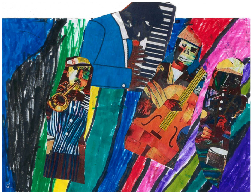A colorful collage of four musicians playing instruments, with abstract painted backgrounds in bright colors.