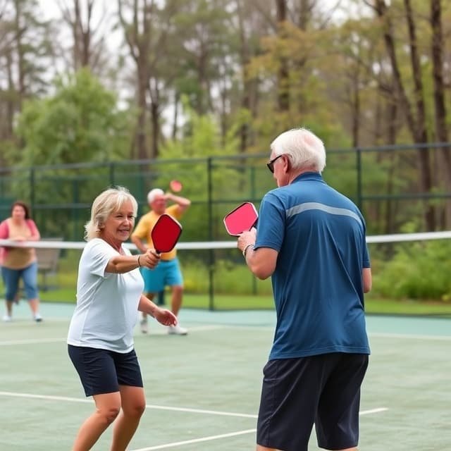 Older man and woman playing pickleball on an outdoor court, with others in the background.