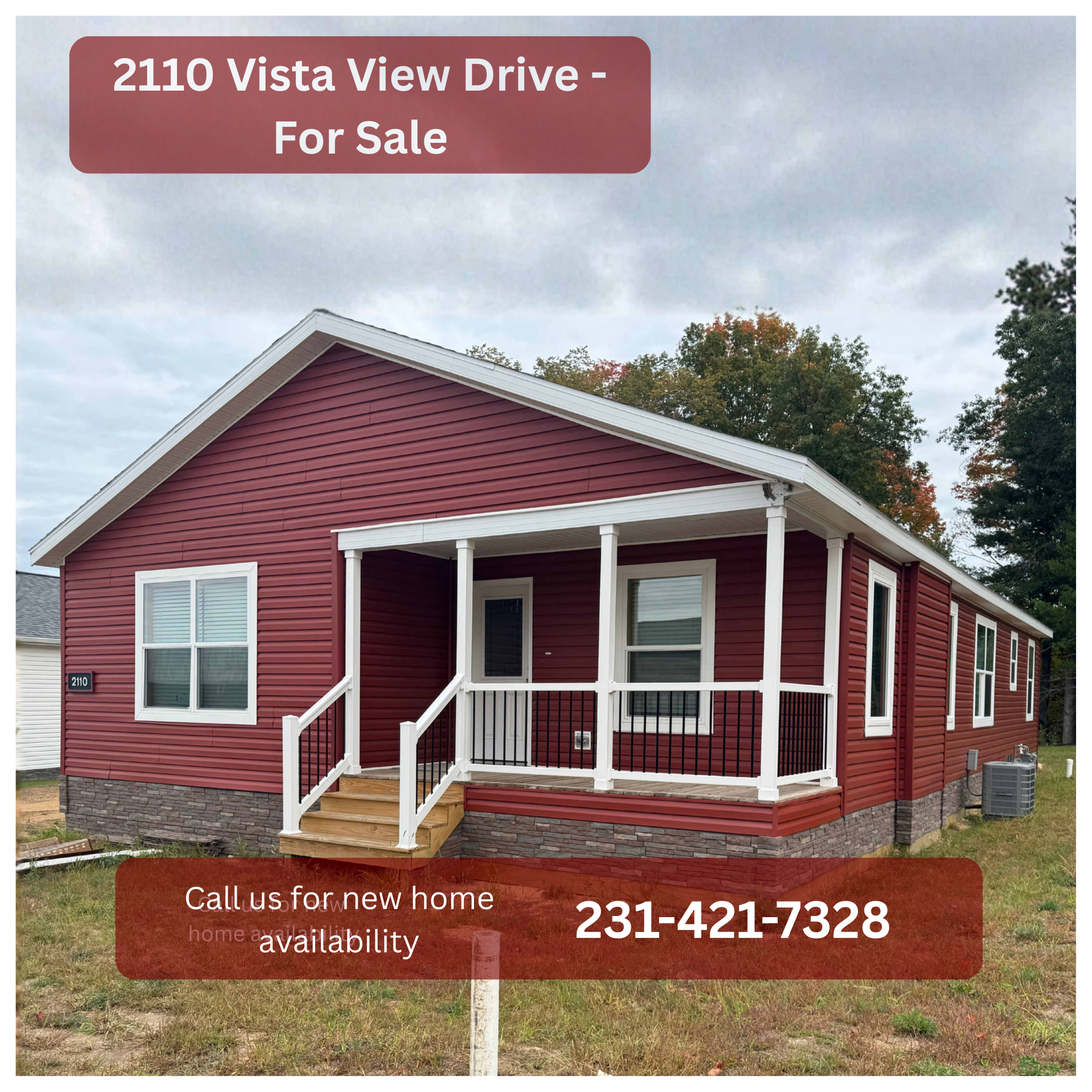 Newly constructed single-family home with a planned garage and deck included, located in Alta Vista Housing Community. The house is for sale, and the contact number for new home availability is 231-421-7328.