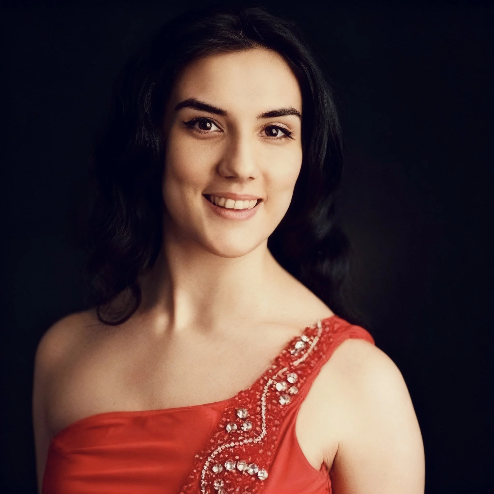 Porträt einer lachenden Frau mit schwarzen, gewellten Haaren, rotes Kleid mit Schmuckdetails auf der Schulter, dunkler Hintergrund.