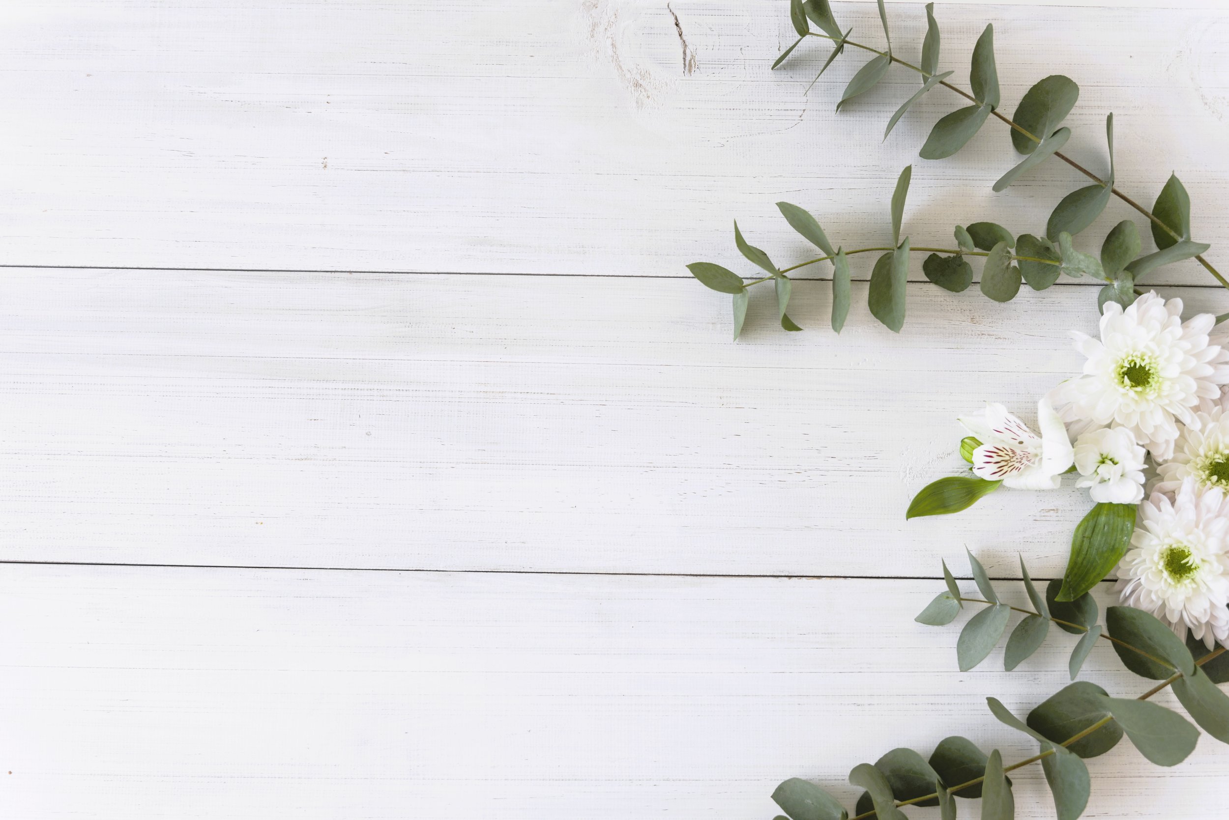 Weiße Blumen und grüne Blätter auf weißem Holztisch