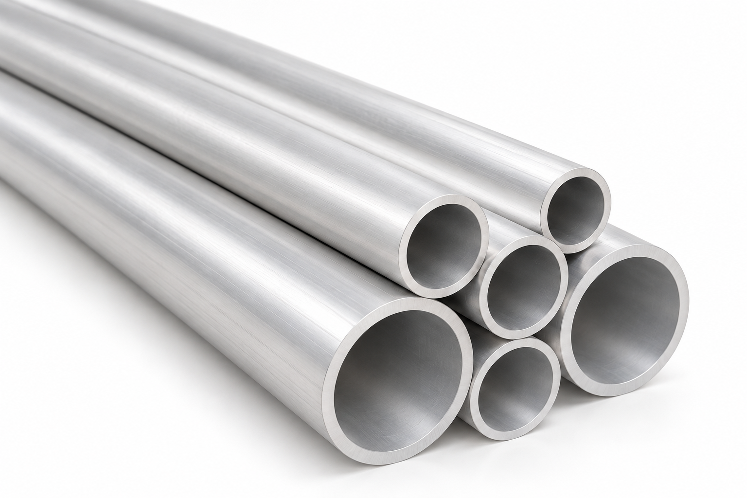 Six silver metal pipes arranged together on a white background.