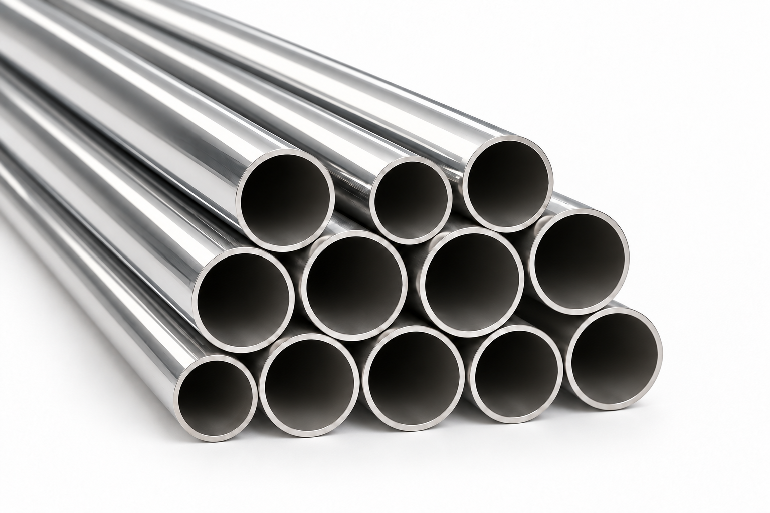 Stacked polished metal pipes on a white surface