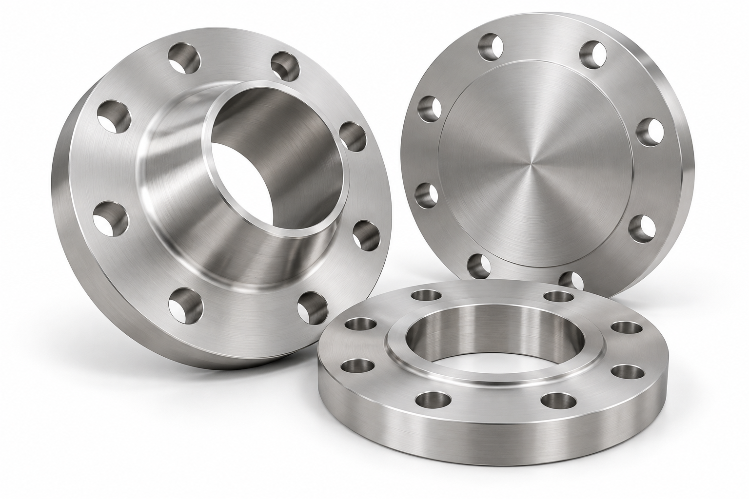 Three metallic industrial flanges with bolt holes, made of stainless steel, on a white background.