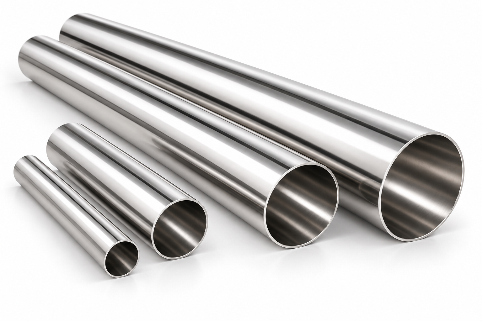 Four shiny stainless steel pipes of varying diameters on a white background.