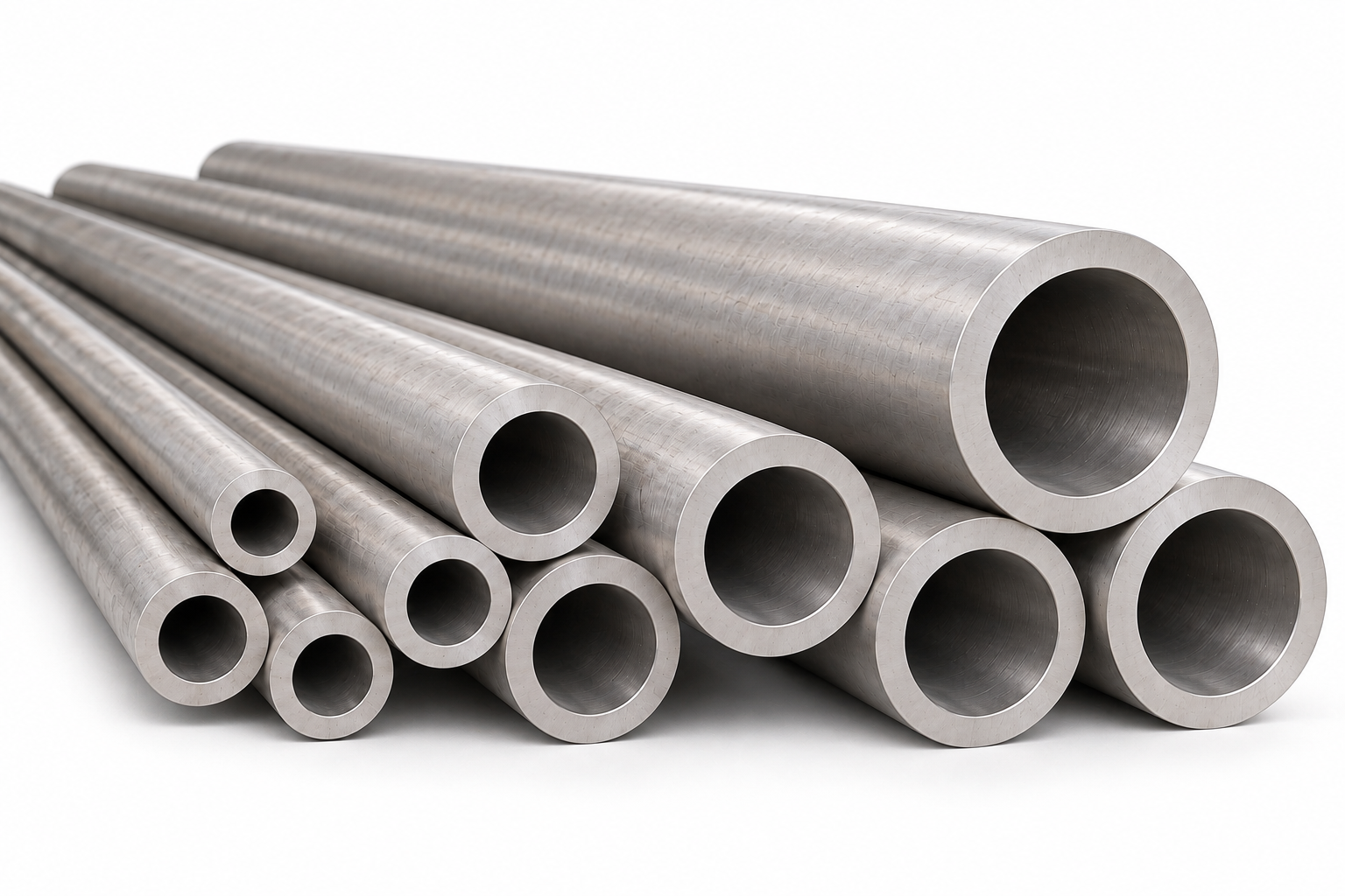 Array of silver metallic pipes of varying diameters arranged on a white background.