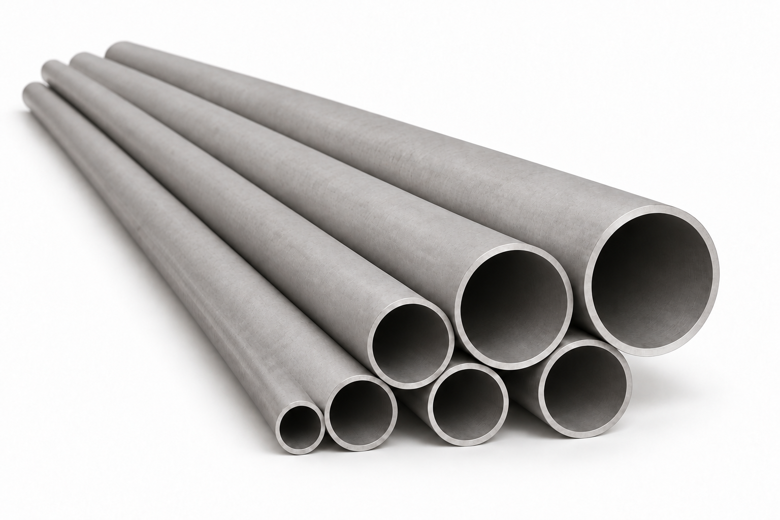 Set of nine metal pipes of varying sizes arranged parallel on a white background.