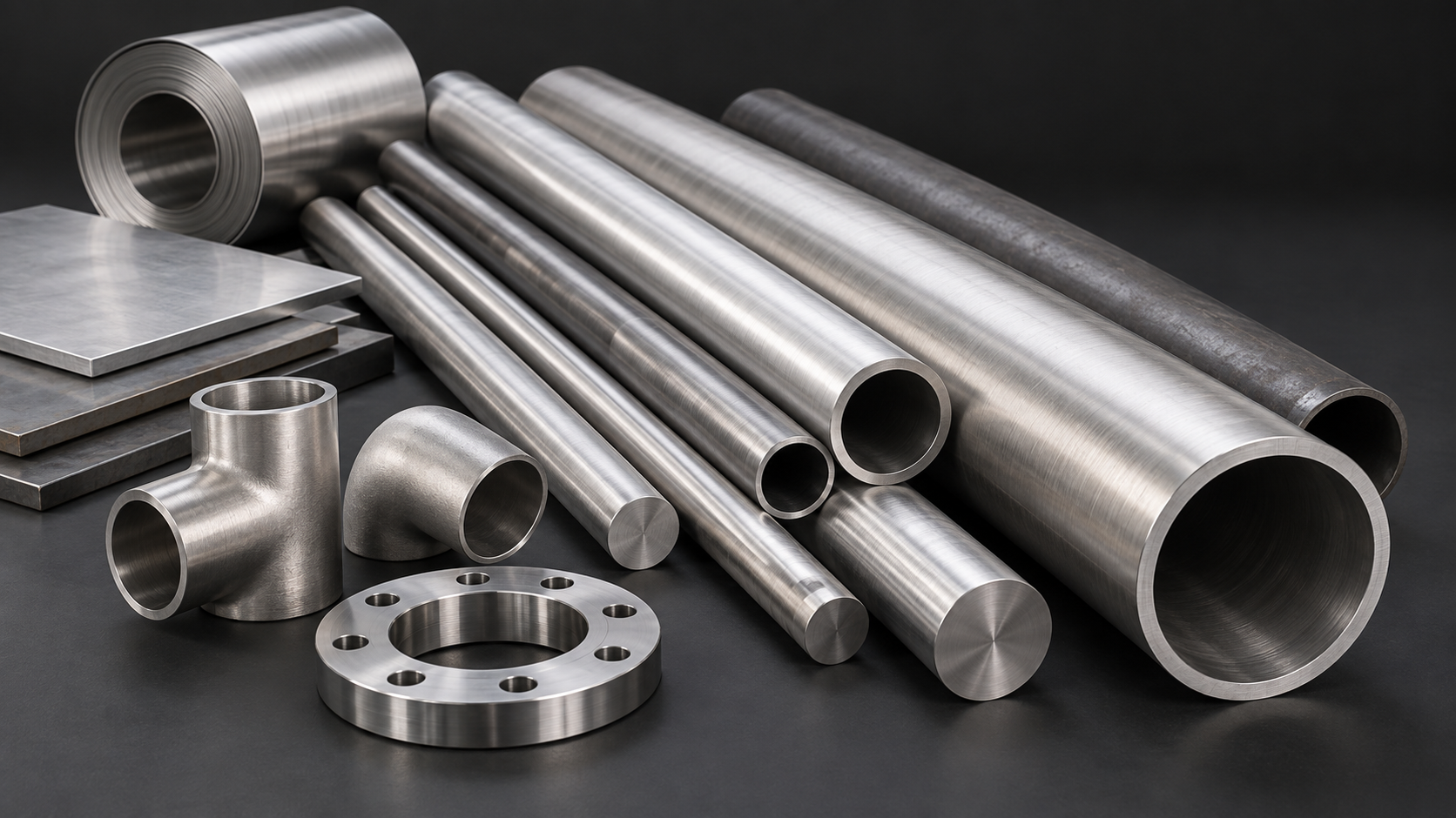Various stainless steel pipes, flanges, and fittings on a dark surface, with a black background.