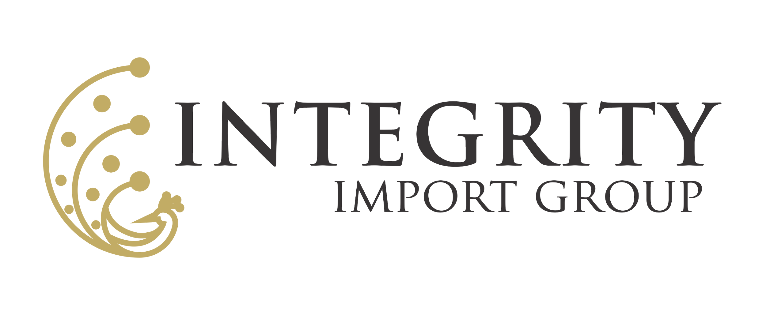 Logo for Integrity Import Group with a decorative gold flourish and black text.