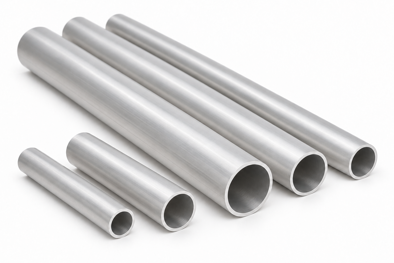 Five metal tubes arranged in order of size from smallest to largest, with smooth, shiny, metallic surface, placed on a white background.