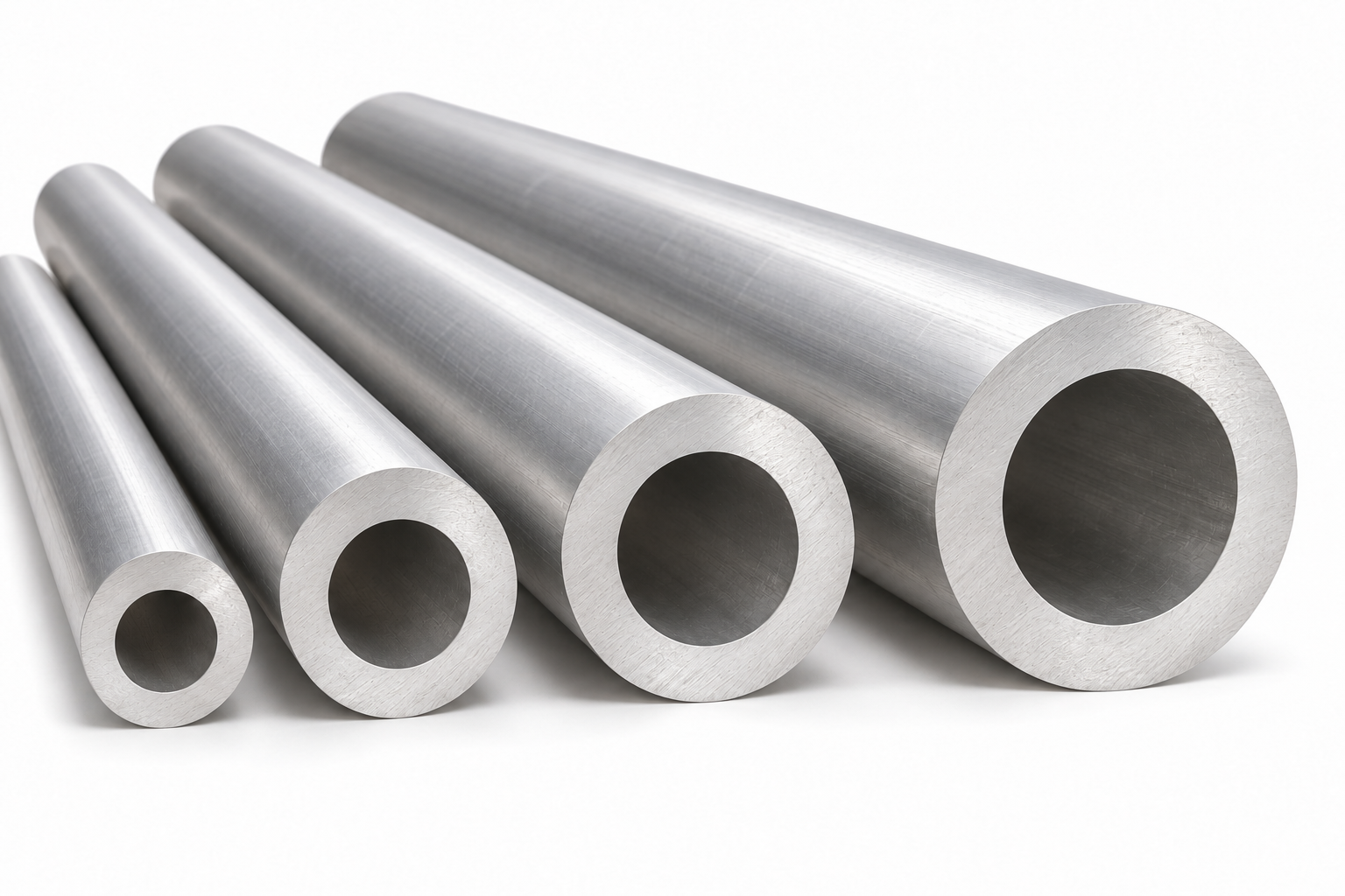 Four aluminum tubes of varying sizes arranged in a row on a white background.