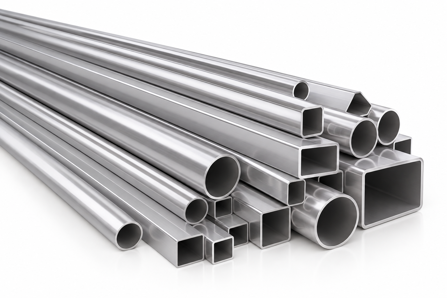 A collection of shiny, metallic aluminum pipes and square tubes stacked together.