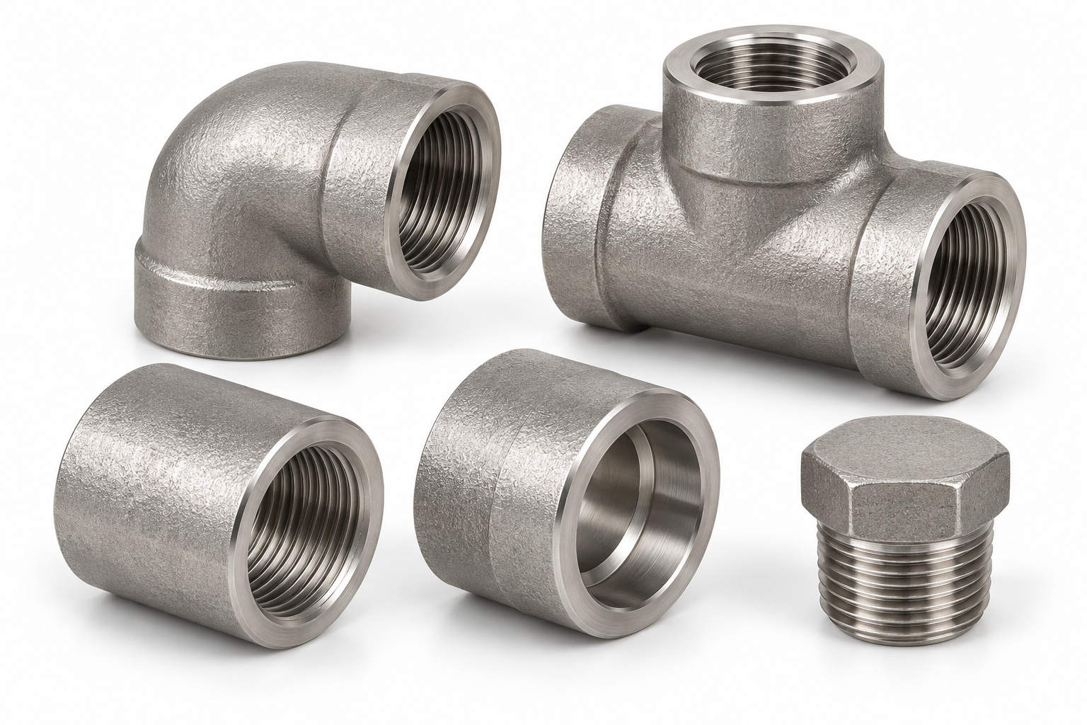 Assorted metal pipe fittings including elbows, couplings, and a threaded plug, all made of metallic material.