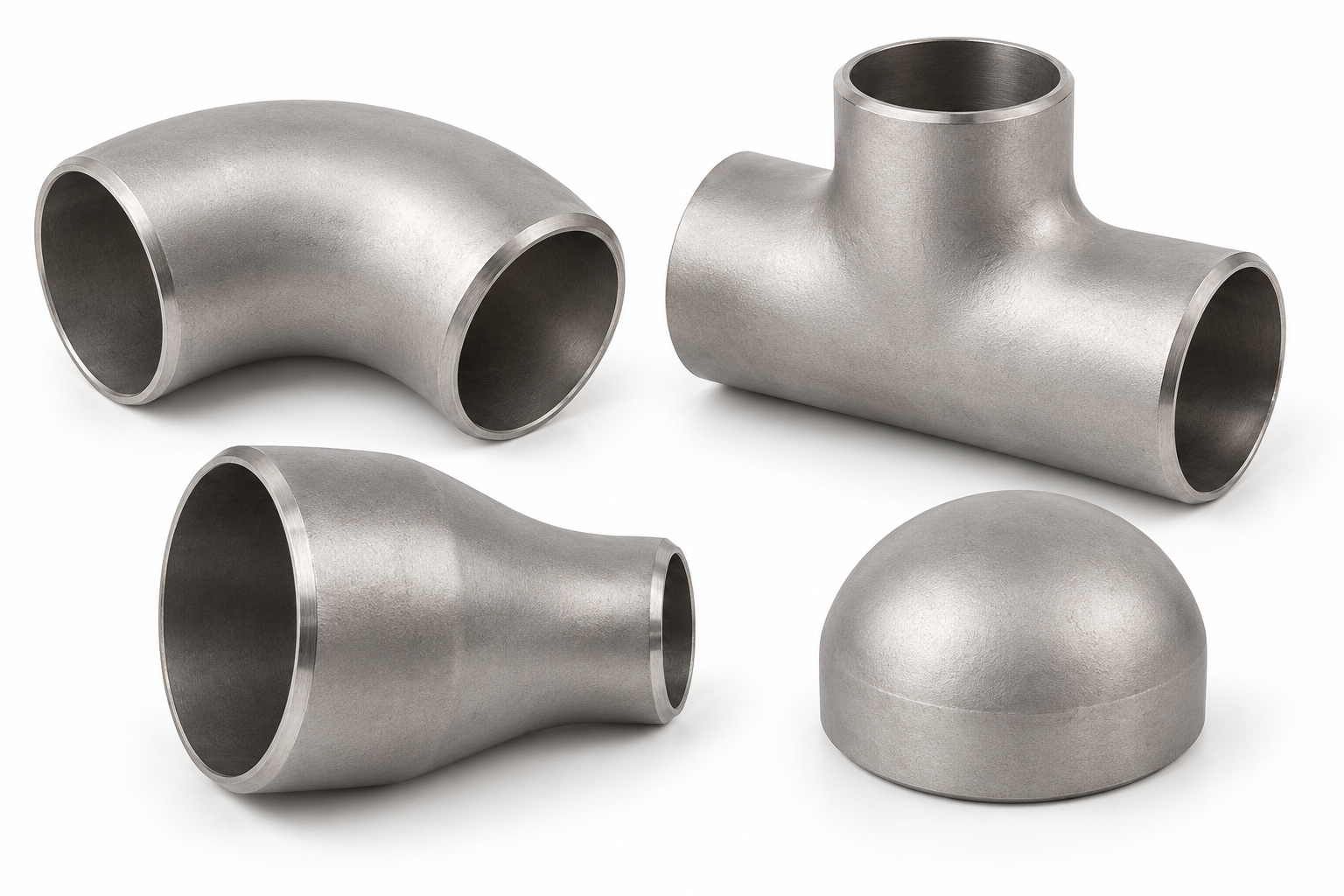 Metal plumbing pipes and fittings, including a T-shape pipe, a cone-shaped pipe, a cap, and a curved pipe, arranged on a white background.