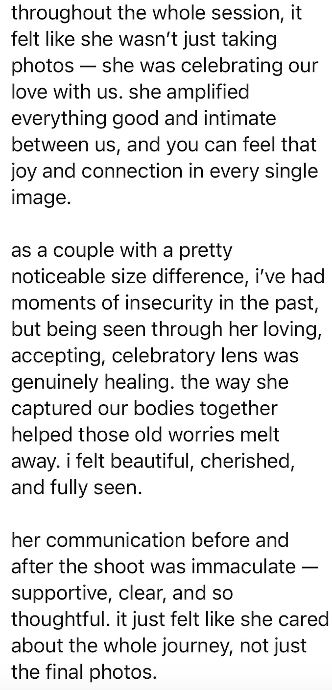 Text excerpt discussing a photography session, love, connection, healing, and supportive communication.