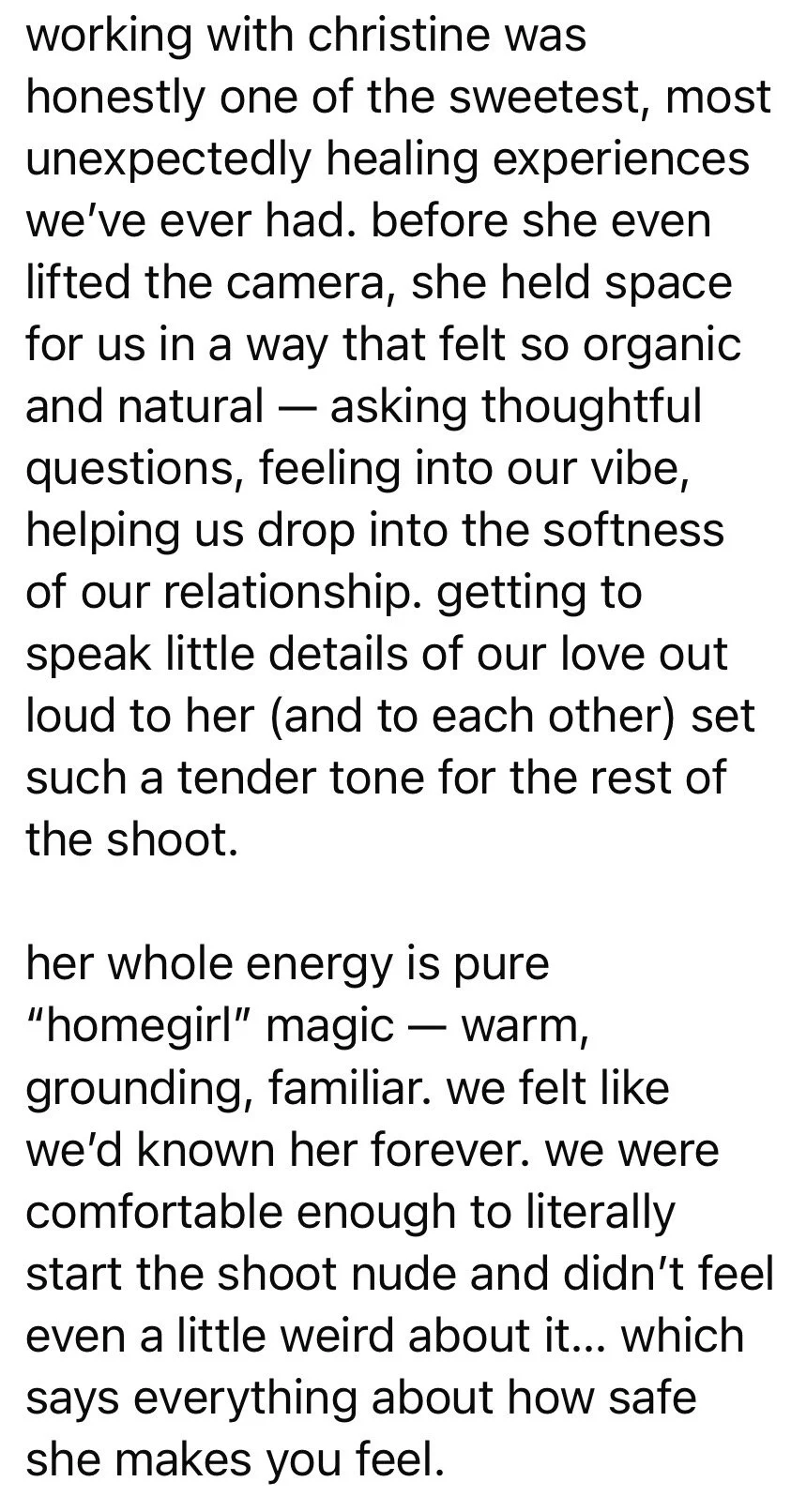 Text excerpt praising Christine and describing a tender, healing, and intimate photo shoot, emphasizing feelings of safety and comfort.
