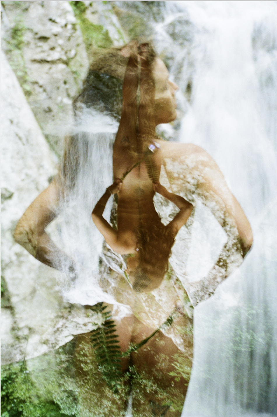 A collage with a woman in profile and a woman with braided hair, superimposed over a waterfall scene and greenery.