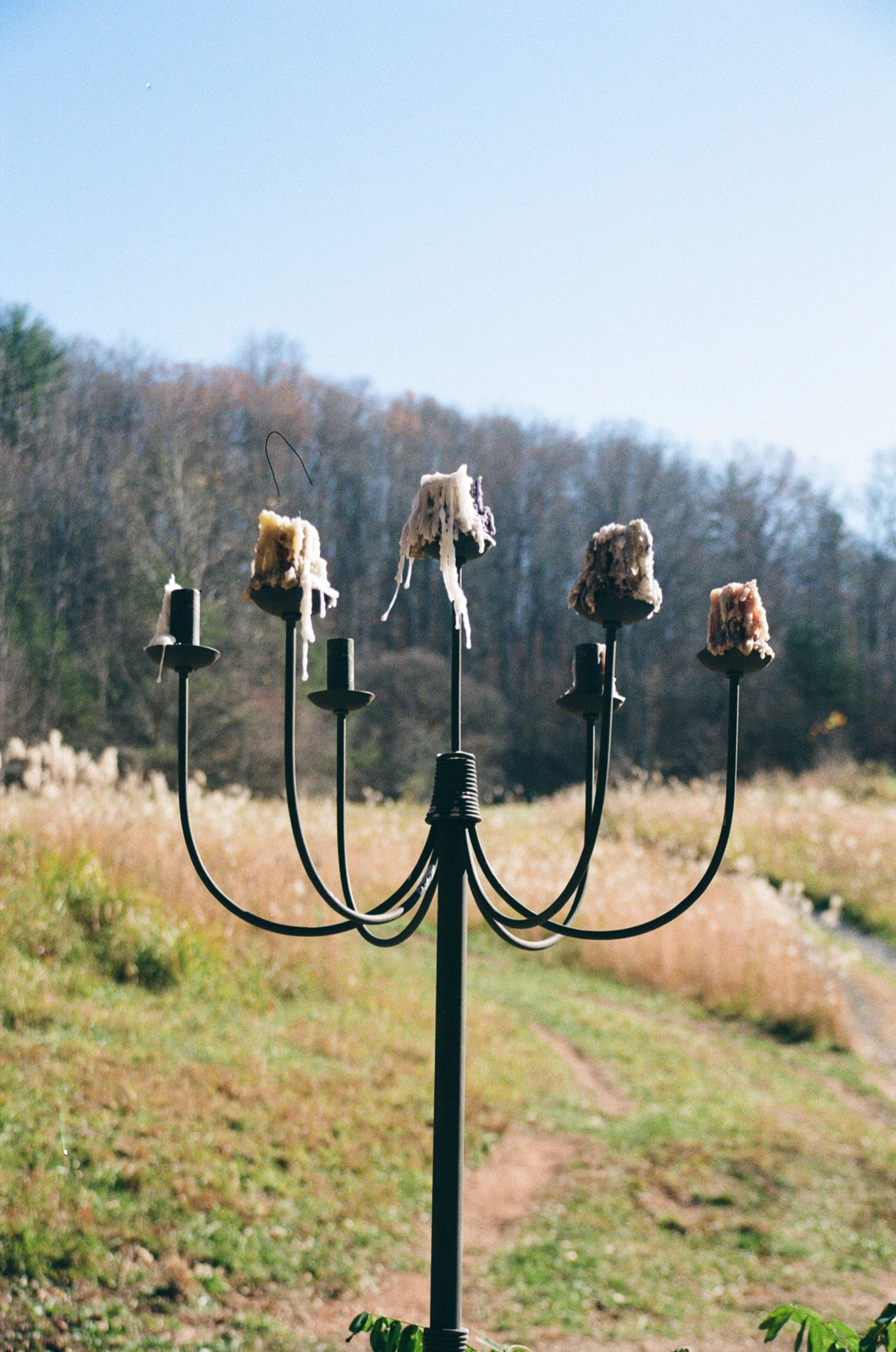 A black candelabra outdoor sculpture with melting candles, set in a grassy field with trees in the background.