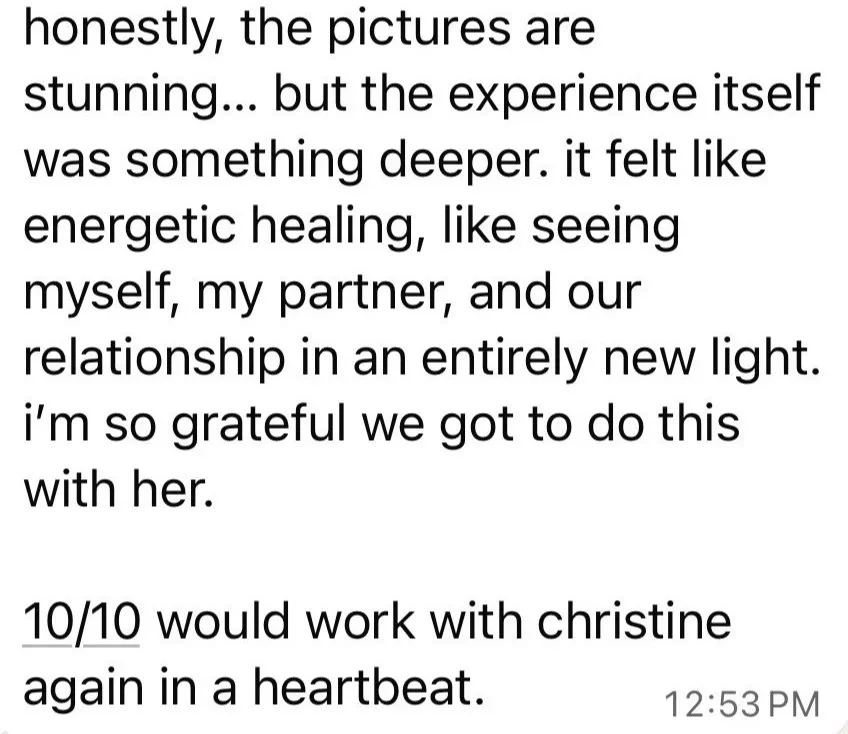 A screenshot of a text message or social media post expressing gratitude for a meaningful experience, mentioning feelings of energetic healing and a new perspective in a relationship, ending with a positive note about working with someone named Christine.
