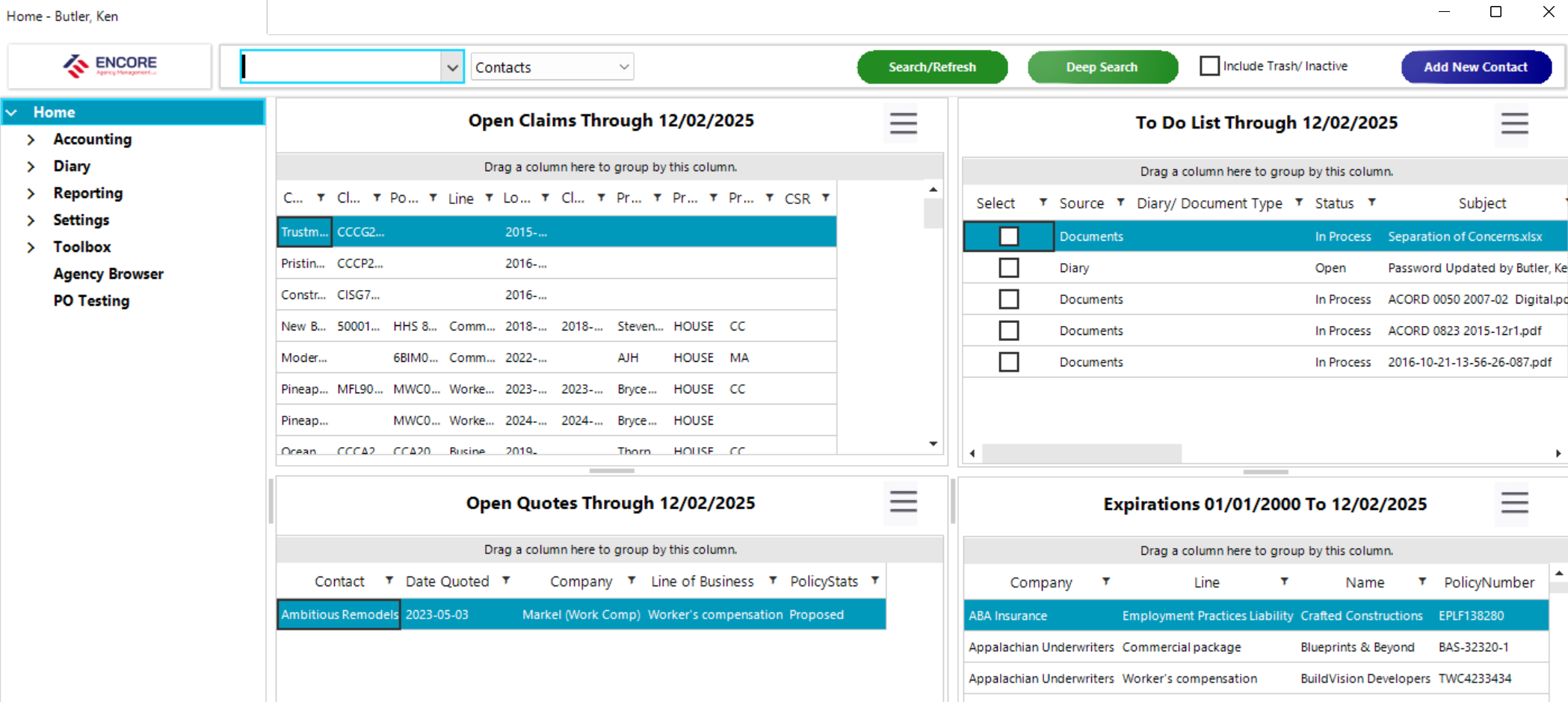 Screenshot of an insurance claims management software dashboard showing sections for open claims, to-do lists, quotes, and expirations with organized tables and filters.