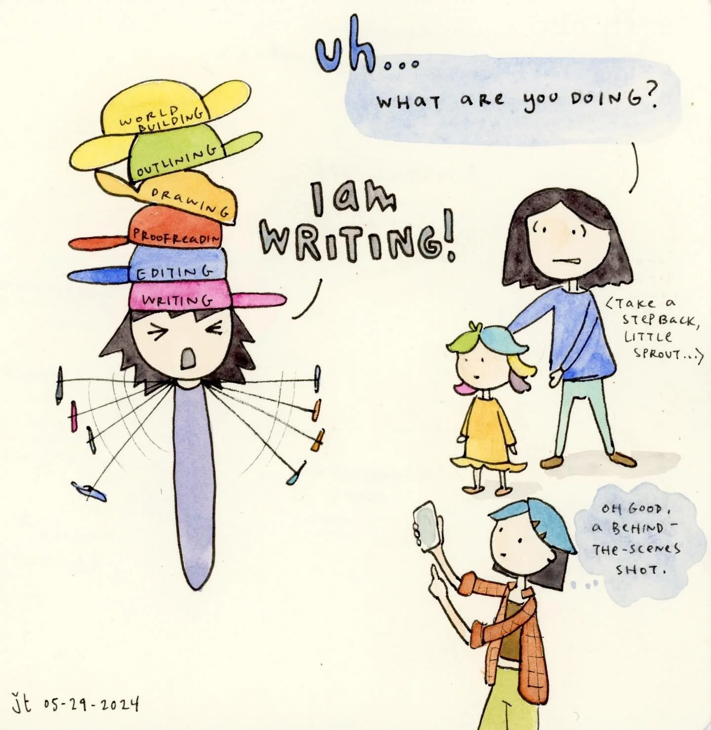 Part 1: Writing Life
-
&ldquo;I am writing!&rdquo; During Amber Rae&rsquo;s (@heyamberrae) writing workshop, I learned about the various hats a writer wears throughout the writing process. I made this comic last year with rough drafts for a whole ser