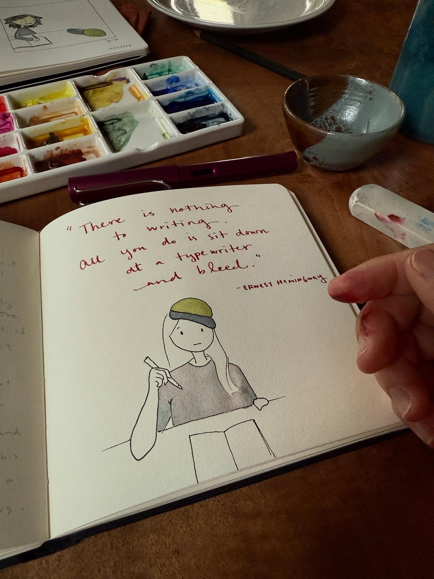 Behind The Scenes Part 5: Writing Life
-
With bleeding on the page as a fresh new visual metaphor in my mind, when I encountered this red ink I knew I had to invest in a fountain pen just to be able to use it. The stains it leaves on my fingers (beca