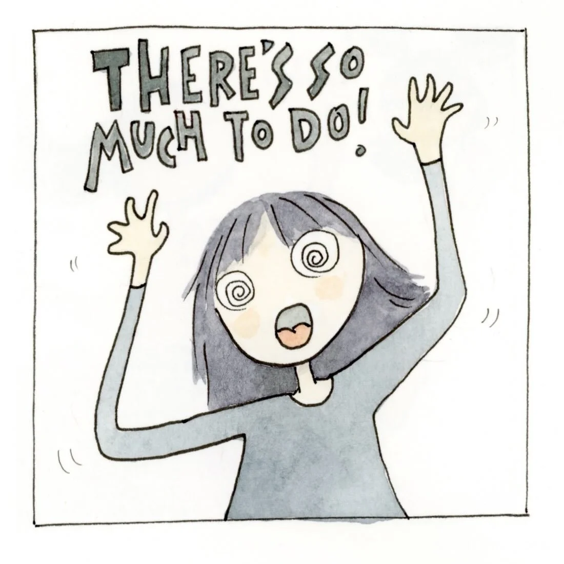 There&rsquo;s so much to do!
🌀__🌀
This was a comic inspired by real-time self-coaching while journaling about all of the things on my to-do list/need-to-do list. I had some calm after journaling, had to revisit the lesson while making this comic, I