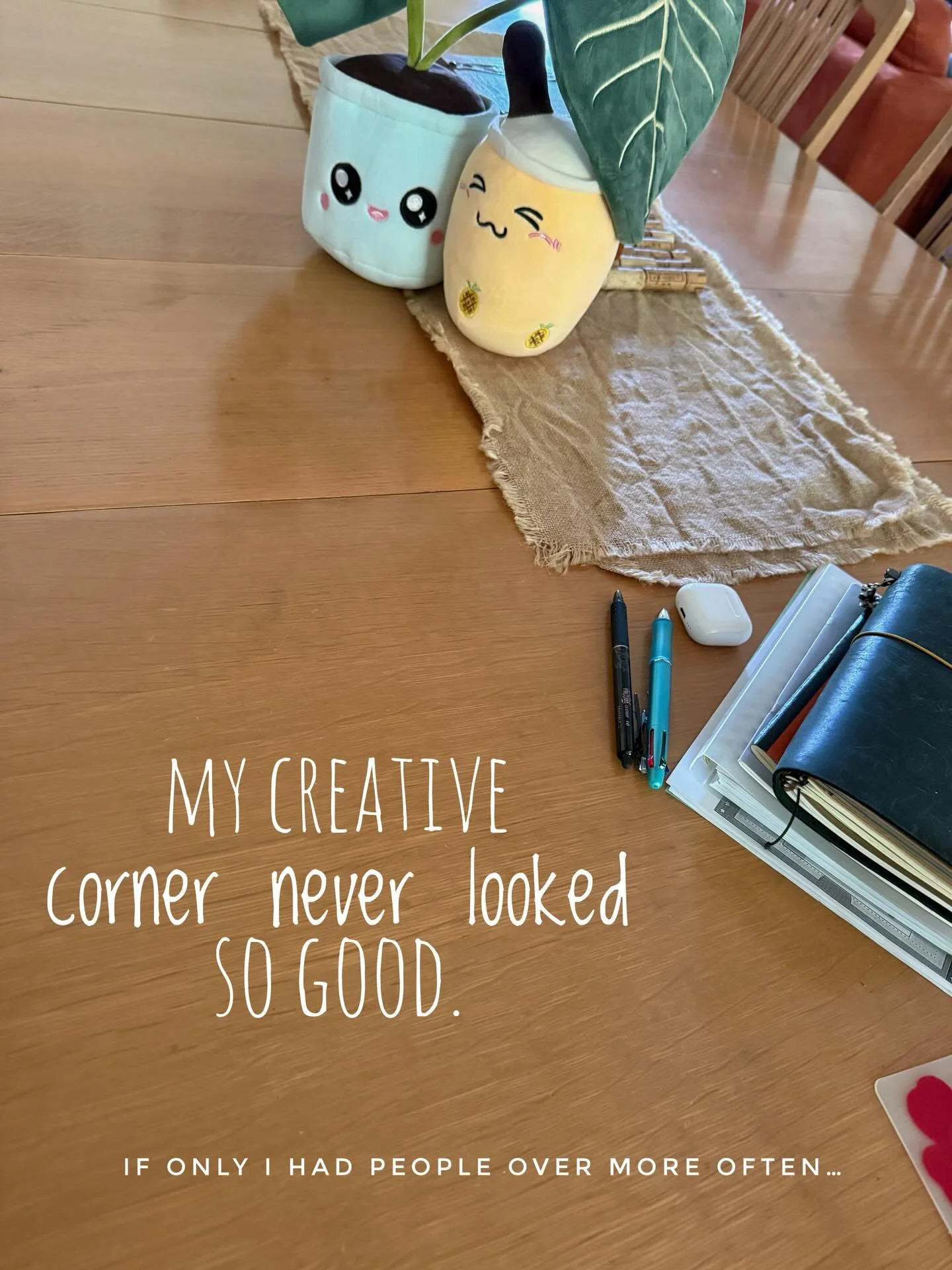 My creative corner never looked so good!
. . . 
I migrate my art supplies and notebooks whenever we have guests since my creative corner is our dining room table. As much of a mess it is where I end up shoving all my stuff, I love the reset when I on