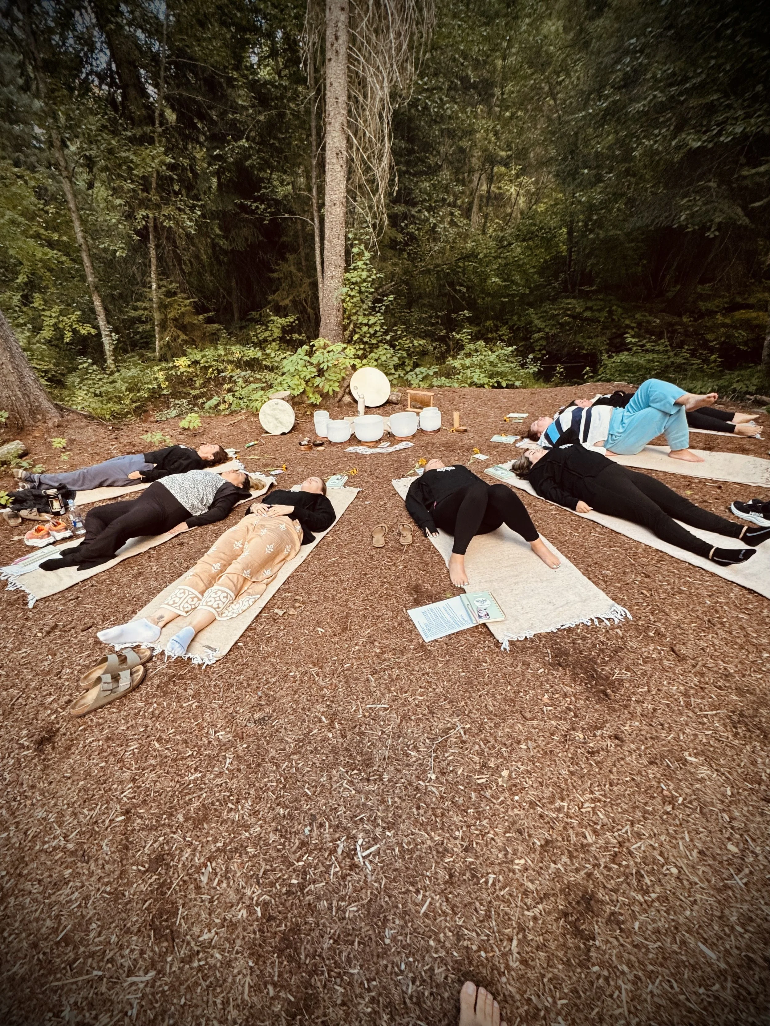 People practicing yoga outdoors on mats in a forested area.