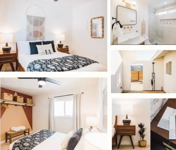 Collage of interior and exterior shots of a modern, minimalist house, including a bedroom, bathroom, outdoor entrance, and decor details.