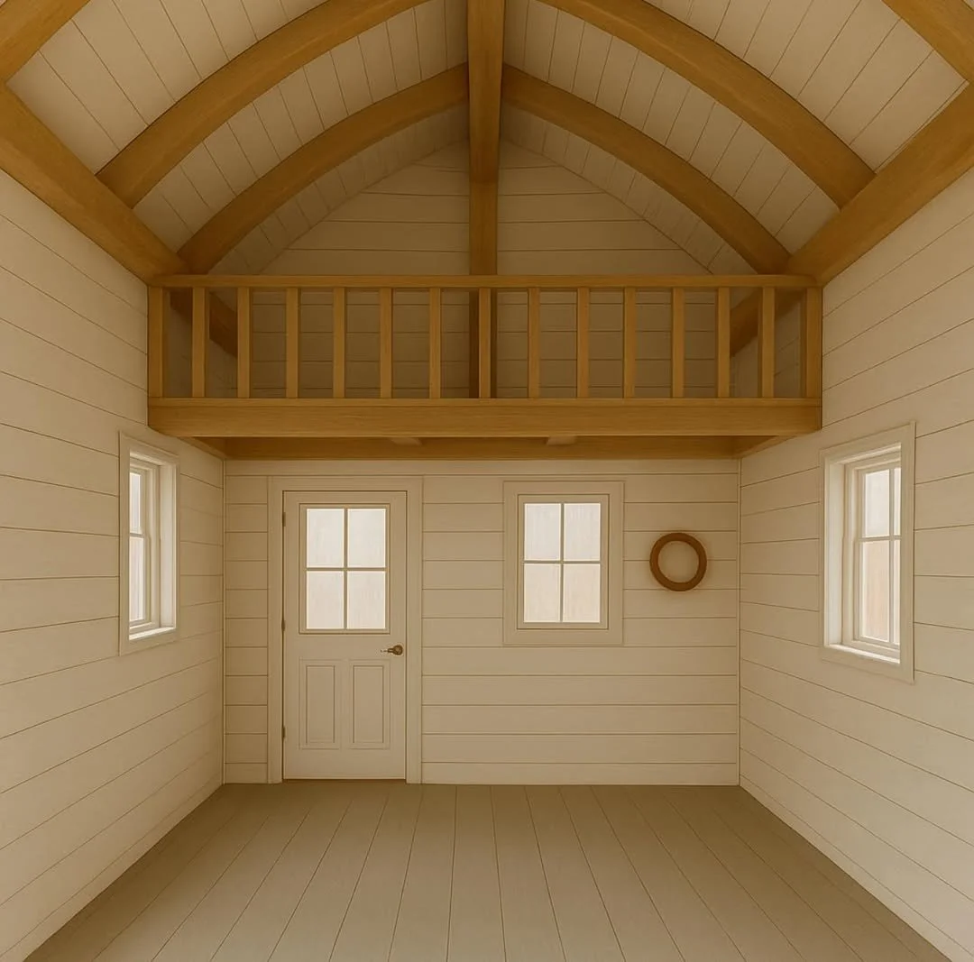 Interior of a tiny, unfinished room with light wood walls, two small windows, a door, and a loft area with a wooden railing.