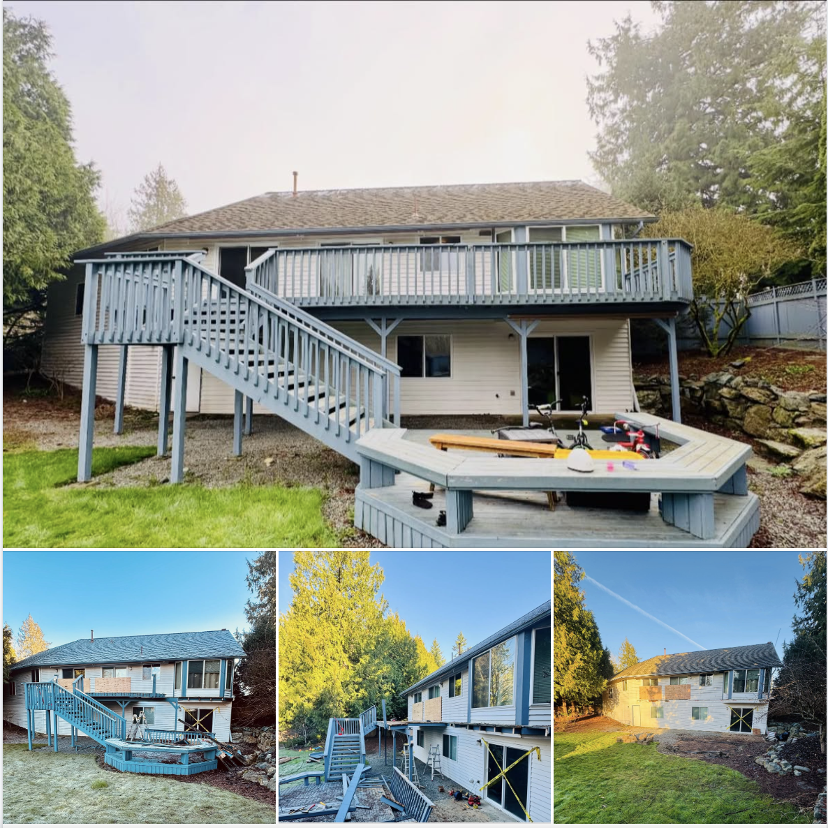 A house with a freshly painted blue deck and stairs, a fenced backyard with a small garage, and a raised wood platform in the backyard with children's toys and bikes. Surrounding trees and a stone border are visible.